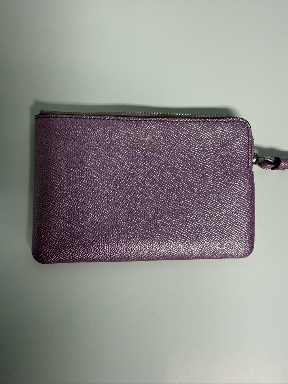 Coach Purple Metallic Leather Wristlet Zip Pouch Wallet Card Holder